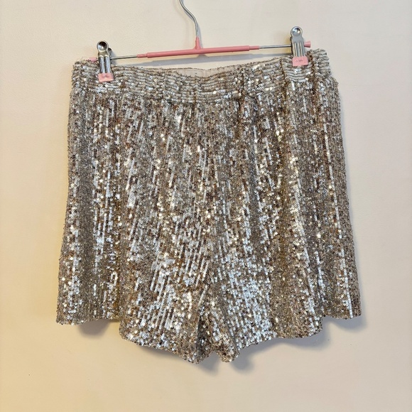 Gianni Bini Nessa High Waist Elastic Sequin Shorts Metallic Gold Silver Womens 4 - Picture 3 of 4